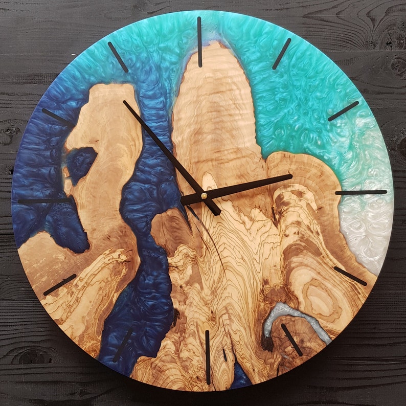 Custom Made Resin & Olive Wood Wall Clock, Made to order Epoxy and Olive Wood Wall Clock, Home gift, Live Edge Rustic Olive Wood Wall Clock BlackSeaResinWorks