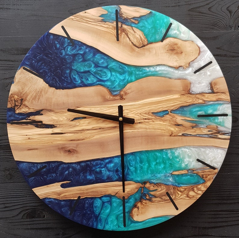 Custom Made Resin & Olive Wood Wall Clock, Made to order Epoxy and Olive Wood Wall Clock, Home gift, Live Edge Rustic Olive Wood Wall Clock BlackSeaResinWorks