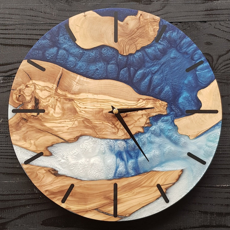 Custom Made Resin & Olive Wood Wall Clock, Made to order Epoxy and Olive Wood Wall Clock, Home gift, Live Edge Rustic Olive Wood Wall Clock BlackSeaResinWorks