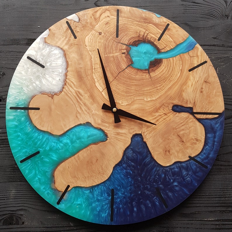 Custom Made Resin & Olive Wood Wall Clock, Made to order Epoxy and Olive Wood Wall Clock, Home gift, Live Edge Rustic Olive Wood Wall Clock BlackSeaResinWorks