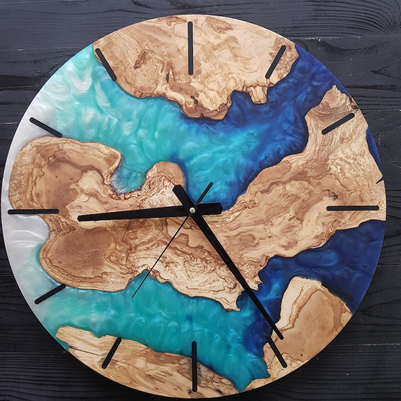 Ocean Fusion | Resin & Olive Wood Wall Clock