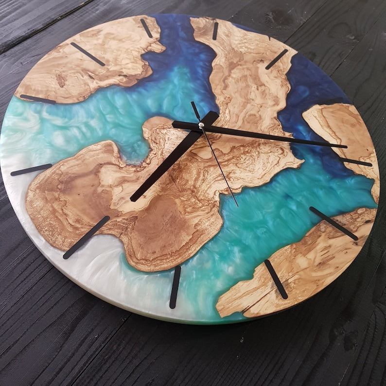 Ocean Fusion | Resin & Olive Wood Wall Clock