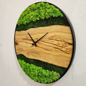 Olive Wood Wall Clock With Metal Frame And Preserved Moss BlackSeaResinWorks