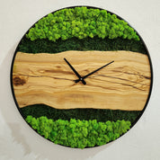 Olive Wood Wall Clock With Metal Frame And Preserved Moss BlackSeaResinWorks