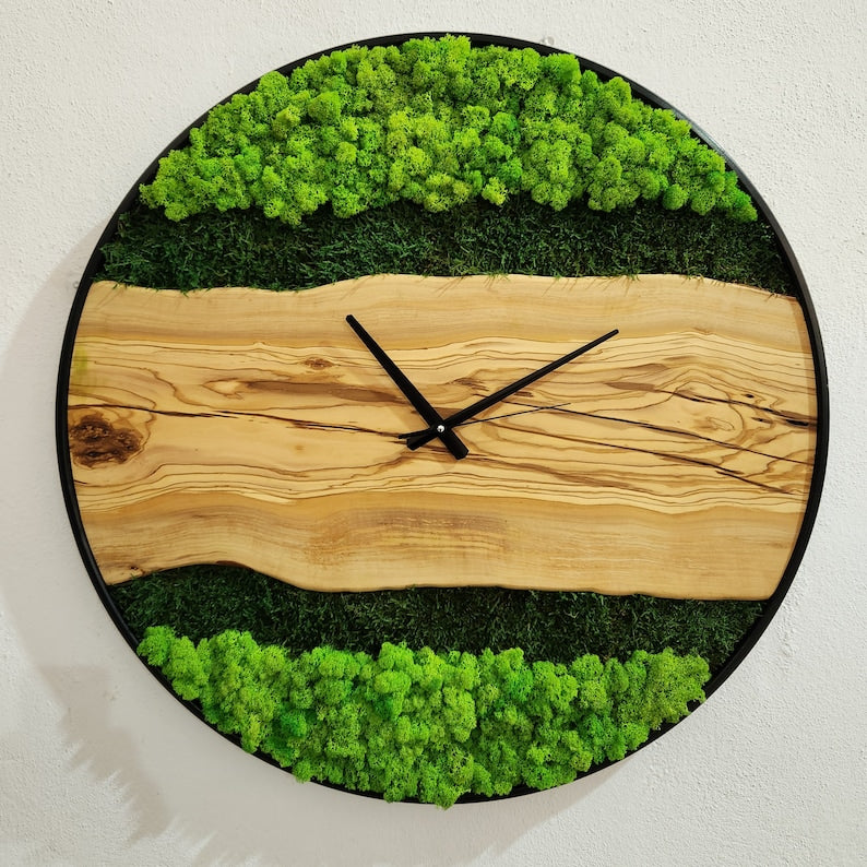 Olive Wood Wall Clock With Metal Frame And Preserved Moss BlackSeaResinWorks