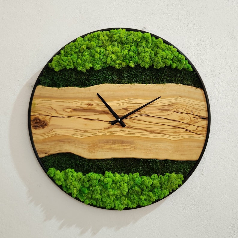 Olive Wood Wall Clock With Metal Frame And Preserved Moss BlackSeaResinWorks