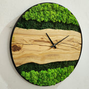 Olive Wood Wall Clock With Metal Frame And Preserved Moss BlackSeaResinWorks