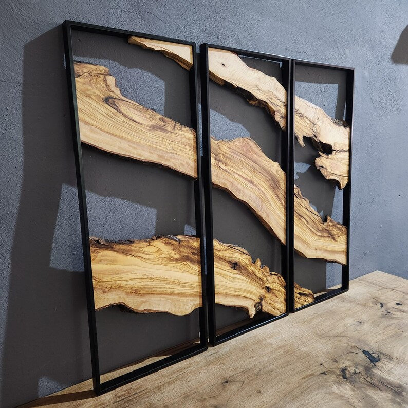 Set of 3 Metal and Wooden Wall Art, 3 Piece Olive Wood Wall Decor, Wall Art, Wood Wall Art, Rustic Wall Art, Live Edge Wood Wall Decor BlackSeaResinWorks