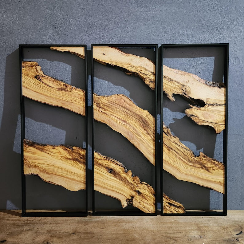 Set of 3 Metal and Wooden Wall Art, 3 Piece Olive Wood Wall Decor, Wall Art, Wood Wall Art, Rustic Wall Art, Live Edge Wood Wall Decor BlackSeaResinWorks