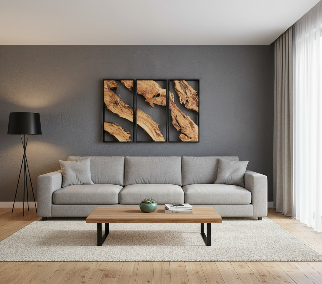 Set Of 3 Metal And Olive Wood Wall Art | Rustic Wall Art