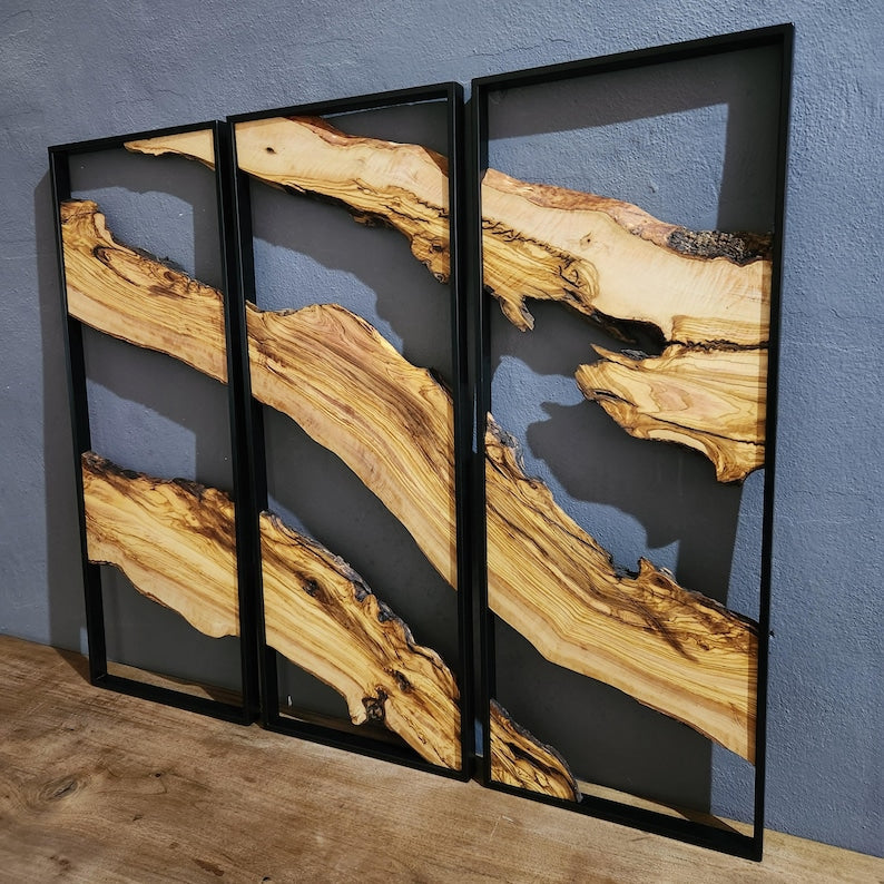 Set of 3 Metal and Wooden Wall Art, 3 Piece Olive Wood Wall Decor, Wall Art, Wood Wall Art, Rustic Wall Art, Live Edge Wood Wall Decor BlackSeaResinWorks
