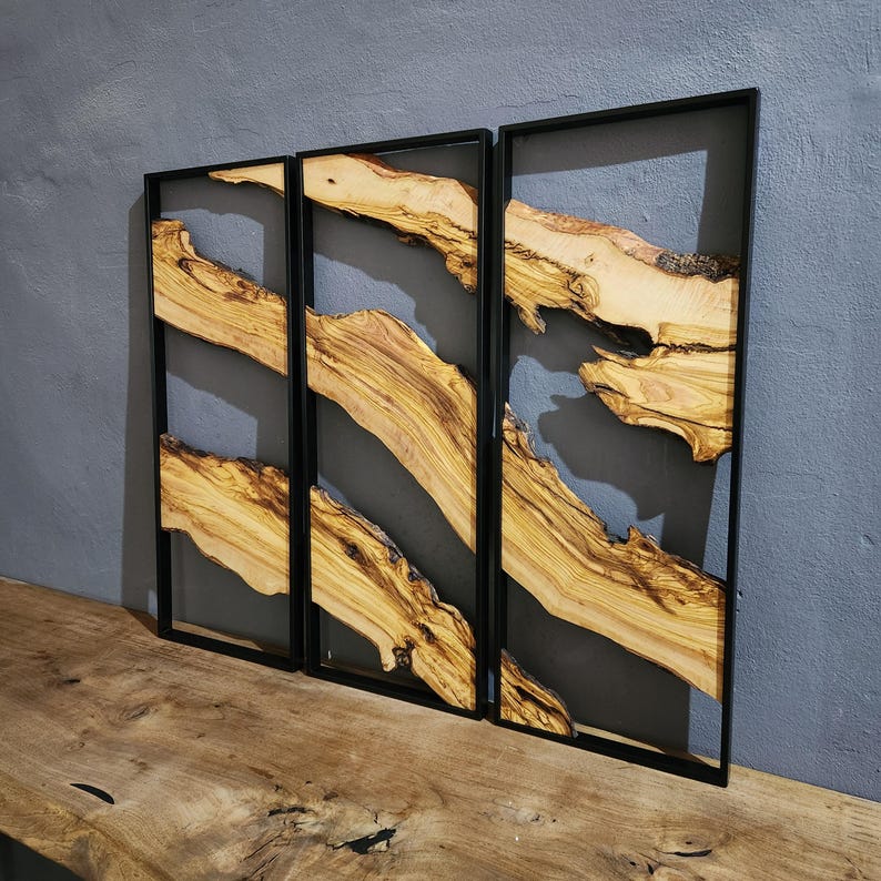 Set of 3 Metal and Wooden Wall Art, 3 Piece Olive Wood Wall Decor, Wall Art, Wood Wall Art, Rustic Wall Art, Live Edge Wood Wall Decor BlackSeaResinWorks