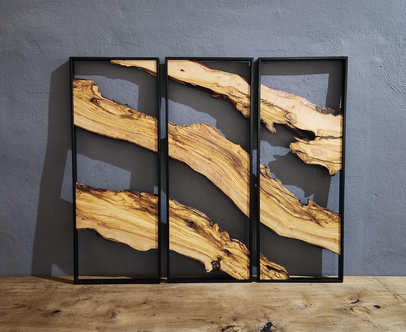 Set of 3 Metal and Wooden Wall Art, 3 Piece Olive Wood Wall Decor, Wall Art, Wood Wall Art, Rustic Wall Art, Live Edge Wood Wall Decor BlackSeaResinWorks