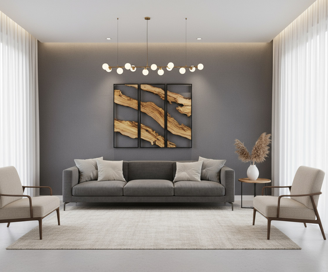 Set of 3 Wooden Wall Art Panels | Modern Rustic Metal and Olive Wood Decor