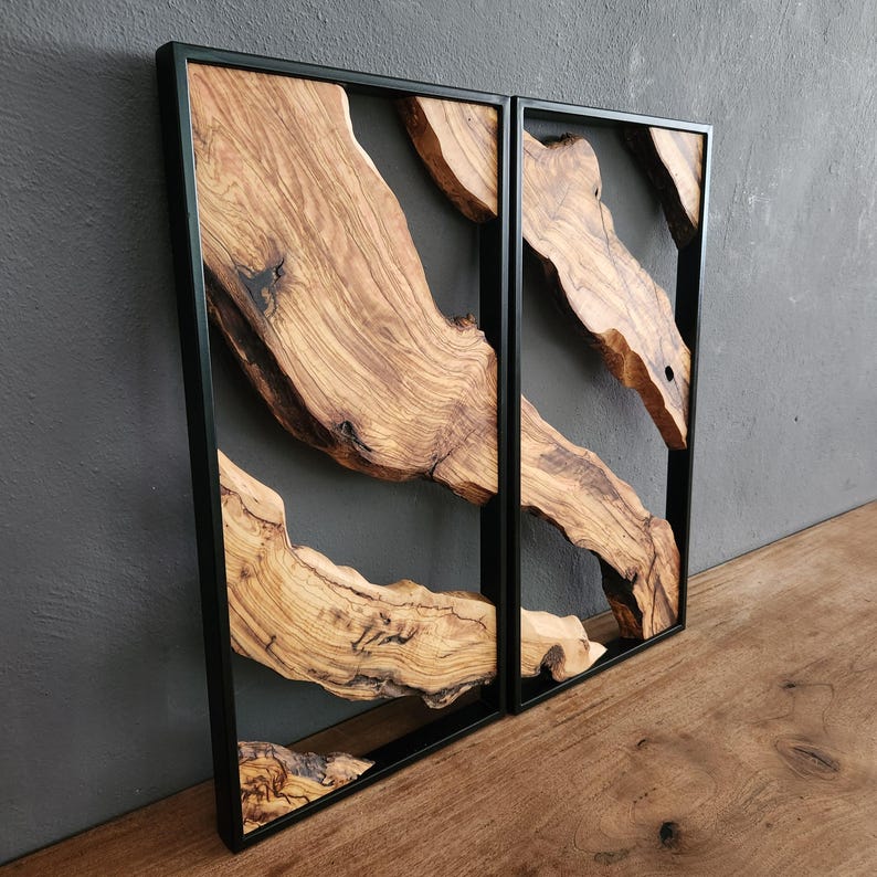 Set of 2 Metal and Wooden Wall Art, 2 Piece Olive Wood Wall Decor, Wall Art, Wood Wall Art, Rustic Wall Art, Live Edge Wood Wall Decor BlackSeaResinWorks