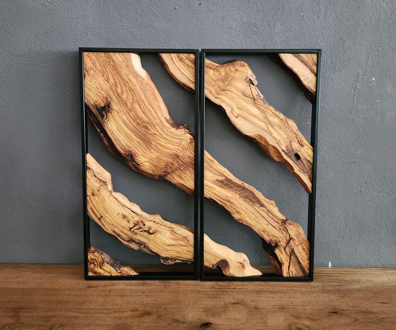 Set of 2 Metal and Wooden Wall Art, 2 Piece Olive Wood Wall Decor, Wall Art, Wood Wall Art, Rustic Wall Art, Live Edge Wood Wall Decor BlackSeaResinWorks