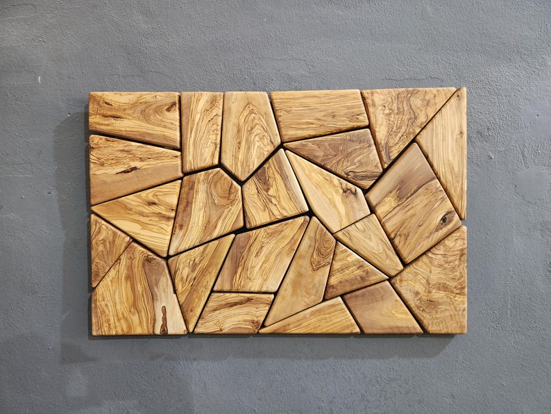 Olive Wood Wall Art | Geometric Mosaic Wooden Wall Panel