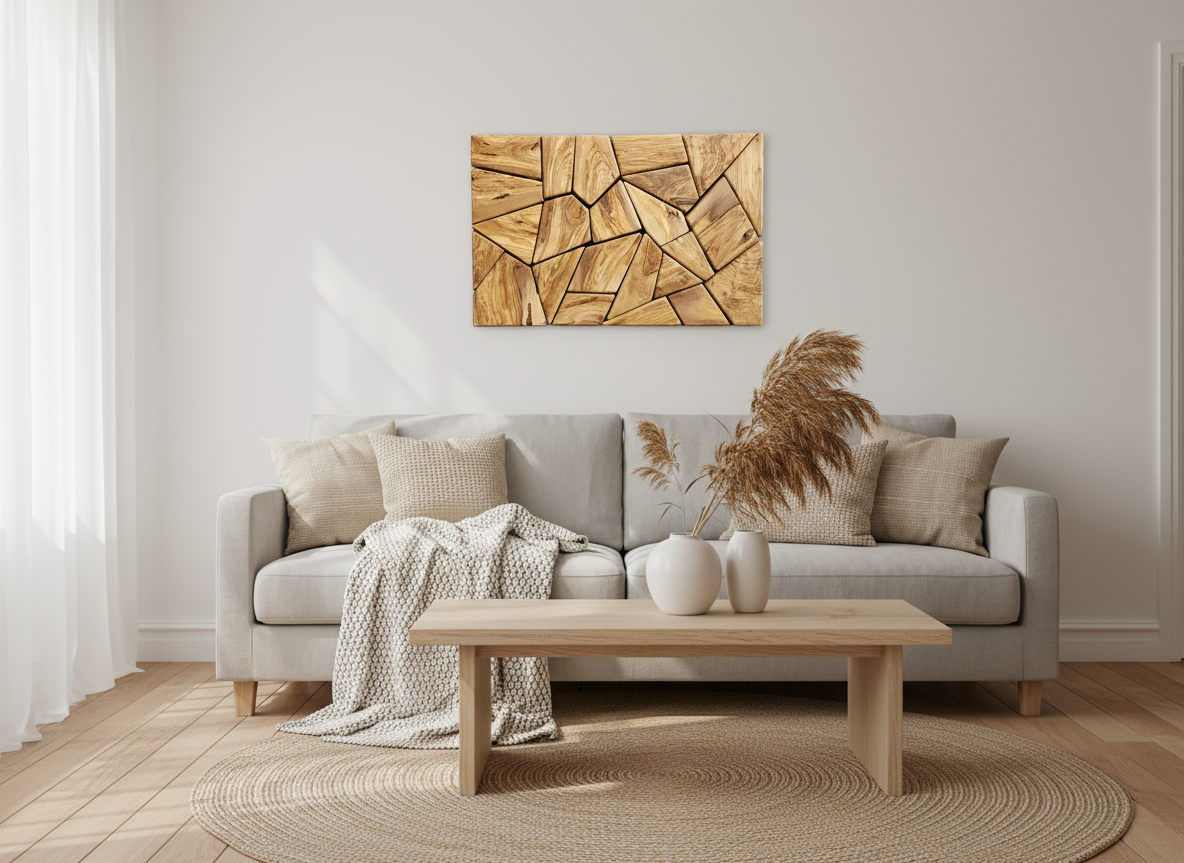Olive Wood Wall Art | Geometric Mosaic Wooden Wall Panel