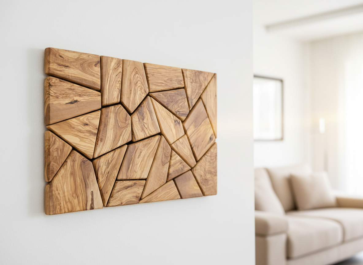 Olive Wood Wall Art | Geometric Mosaic Wooden Wall Panel