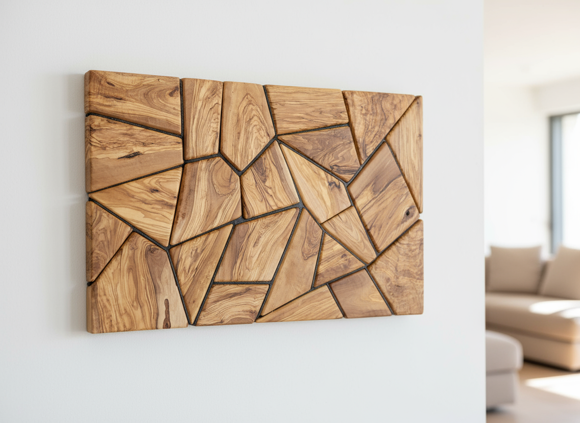 Olive Wood Wall Art | Geometric Mosaic Wooden Wall Panel