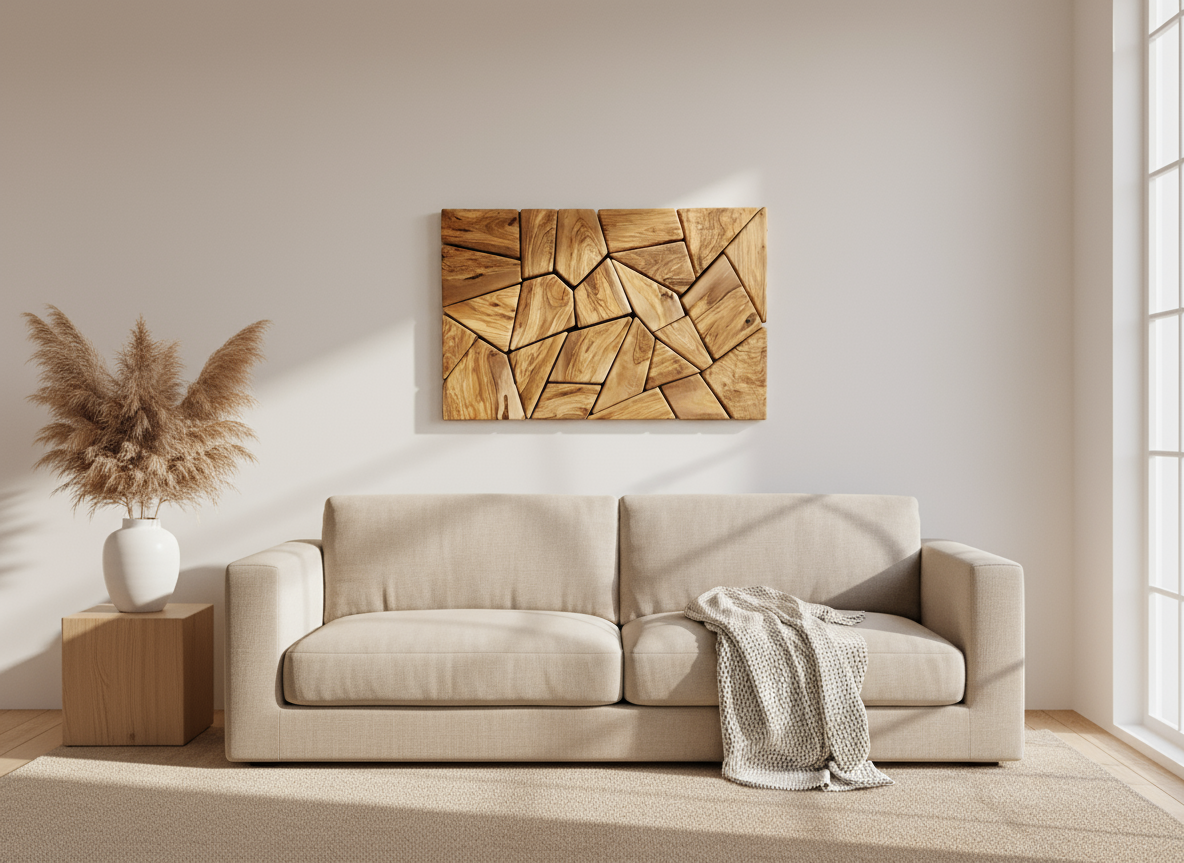 Olive Wood Wall Art | Geometric Mosaic Wooden Wall Panel