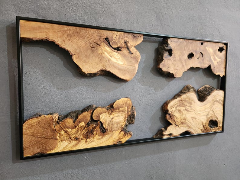 Natural Wood Wall Art with Live Edge Design in Black Frame