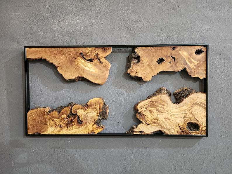 Natural Wood Wall Art with Live Edge Design in Black Frame