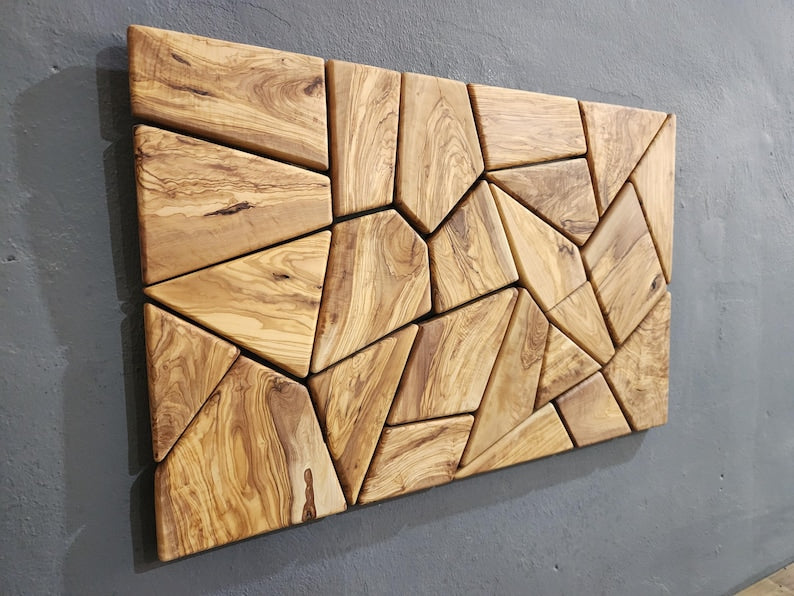 Olive Wood Wall Art | Geometric Mosaic Wooden Wall Panel