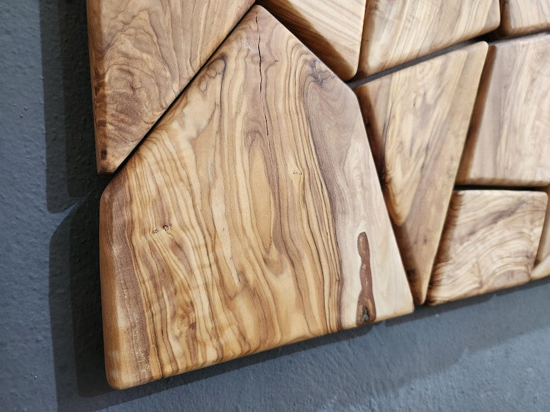 Olive Wood Wall Art | Geometric Mosaic Wooden Wall Panel