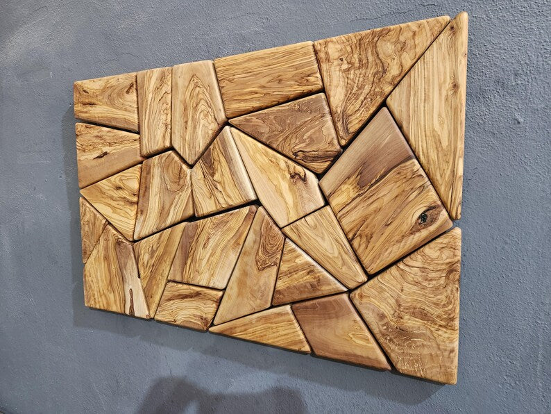 Olive Wood Wall Art | Geometric Mosaic Wooden Wall Panel