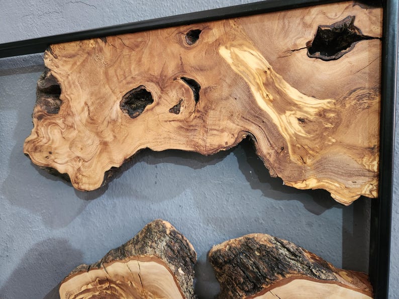 Natural Wood Wall Art with Live Edge Design in Black Frame