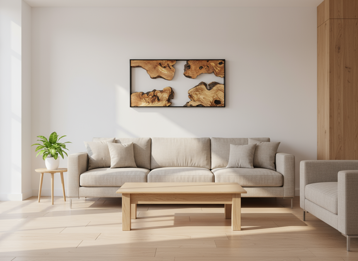 Natural Wood Wall Art with Live Edge Design in Black Frame