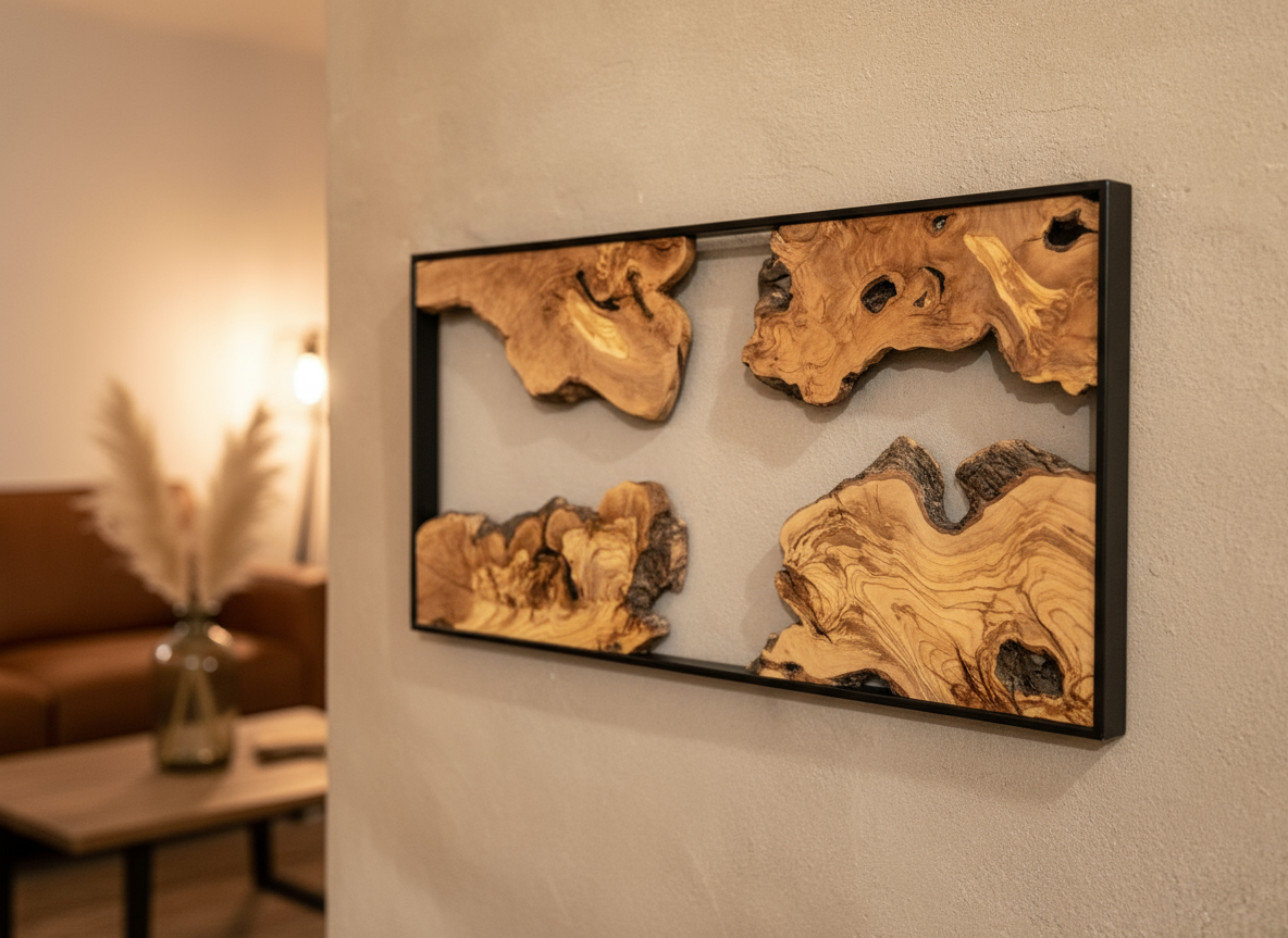 Natural Wood Wall Art with Live Edge Design in Black Frame
