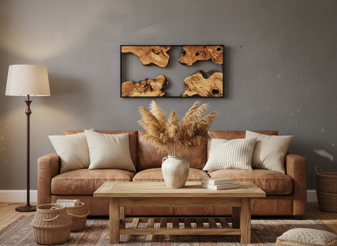 Natural Wood Wall Art with Live Edge Design in Black Frame