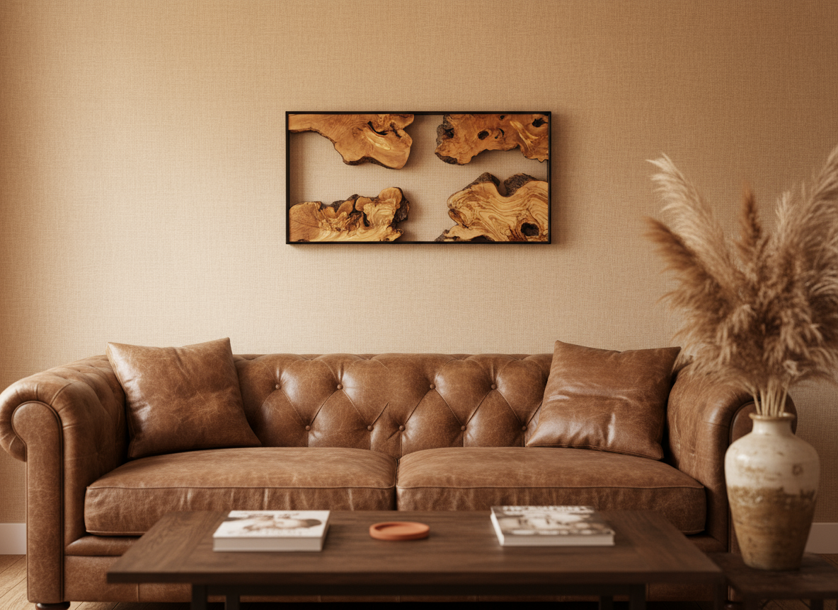 Natural Wood Wall Art with Live Edge Design in Black Frame