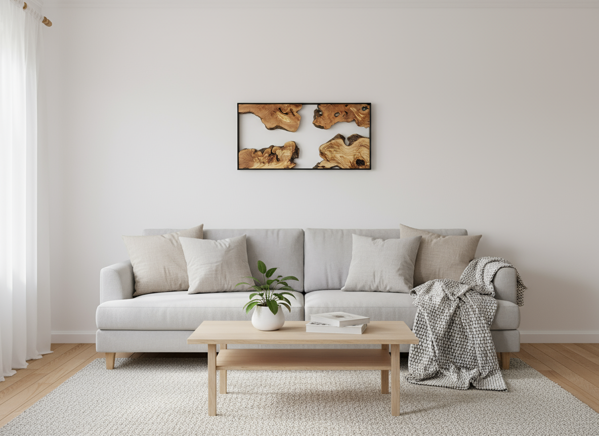 Natural Wood Wall Art with Live Edge Design in Black Frame