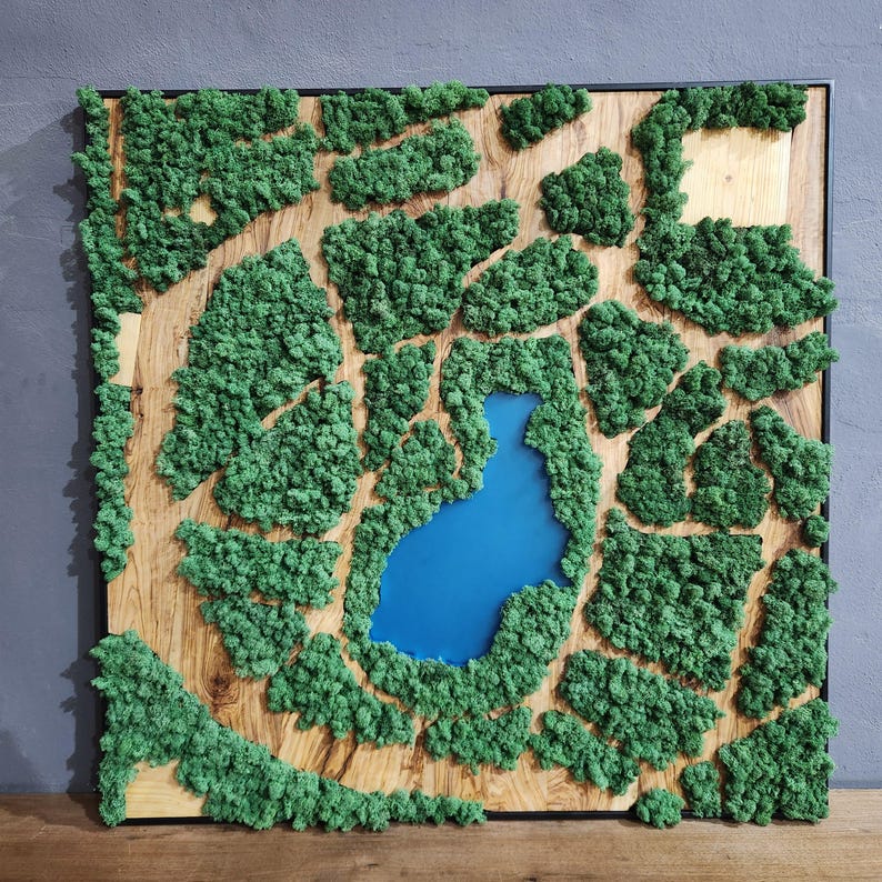 Natural Map | Olive Wood and Pereserved Moss Wall Decor