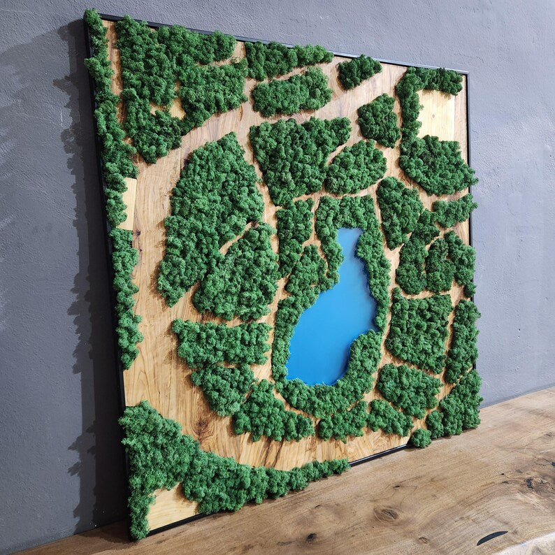 Natural Map | Olive Wood and Pereserved Moss Wall Decor