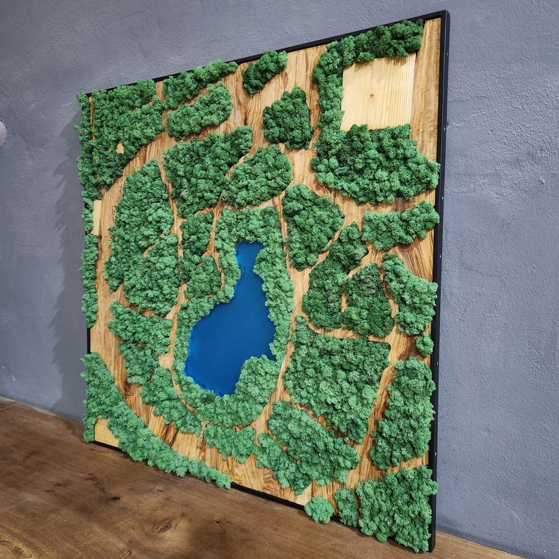 Natural Map | Olive Wood and Pereserved Moss Wall Decor