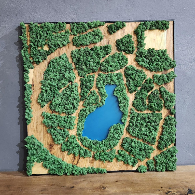 Natural Map | Olive Wood and Pereserved Moss Wall Decor