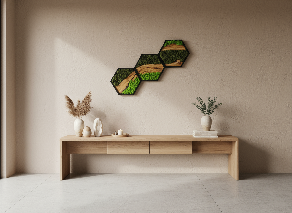 Hexagon Moss Wall Art | Olive Wood & Preserved Moss Design