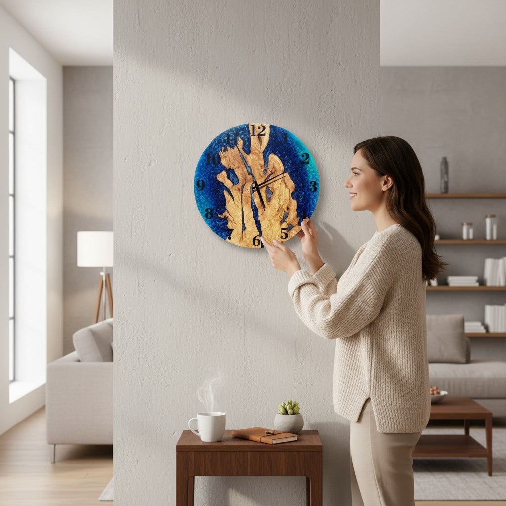 Blue Serenity | Resin & Olive Wood Wall Clock