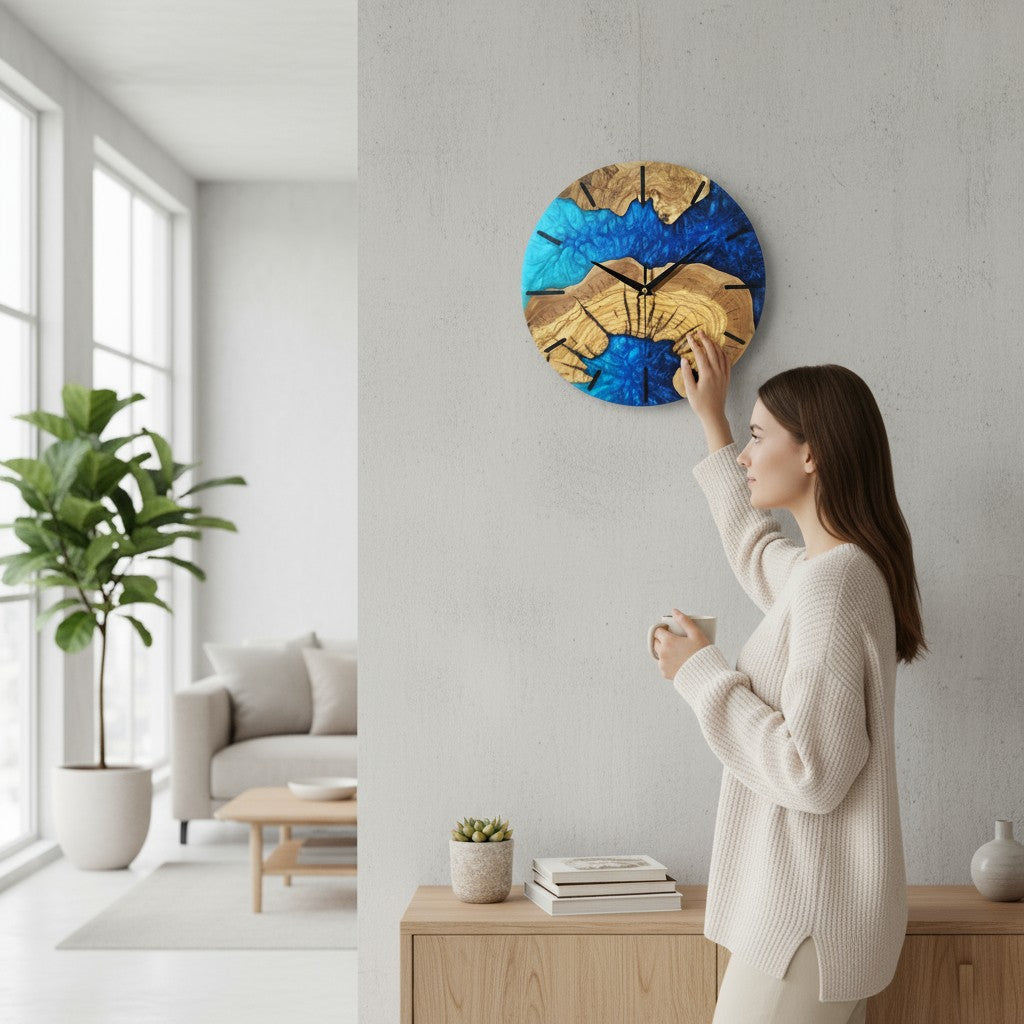 Blue Essence | Resin & Olive Wood Wall Clock