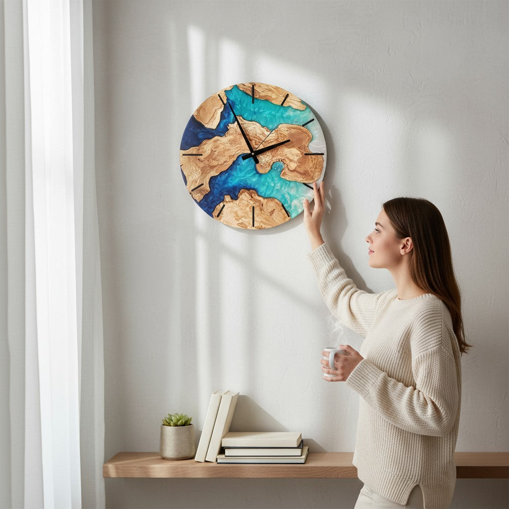 Ocean Fusion | Resin & Olive Wood Wall Clock