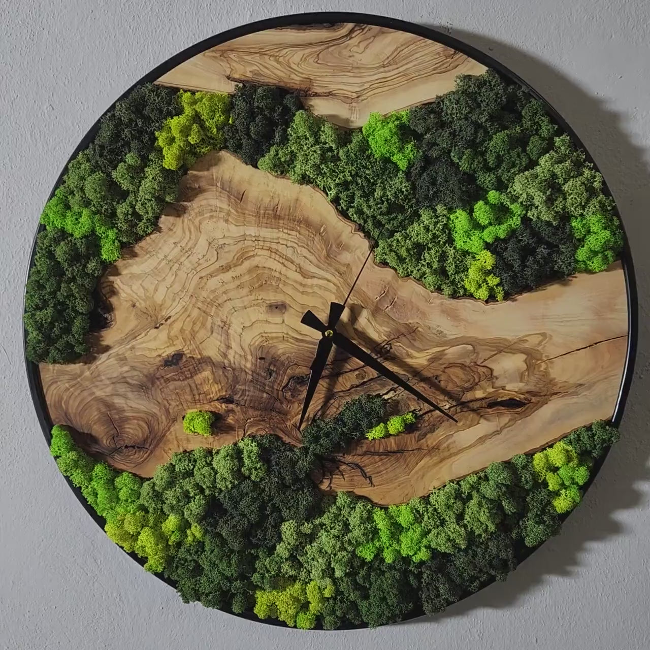 Moss and Olive Wood Wall Clock with Metal Frame | Modern Rustic Wall Art