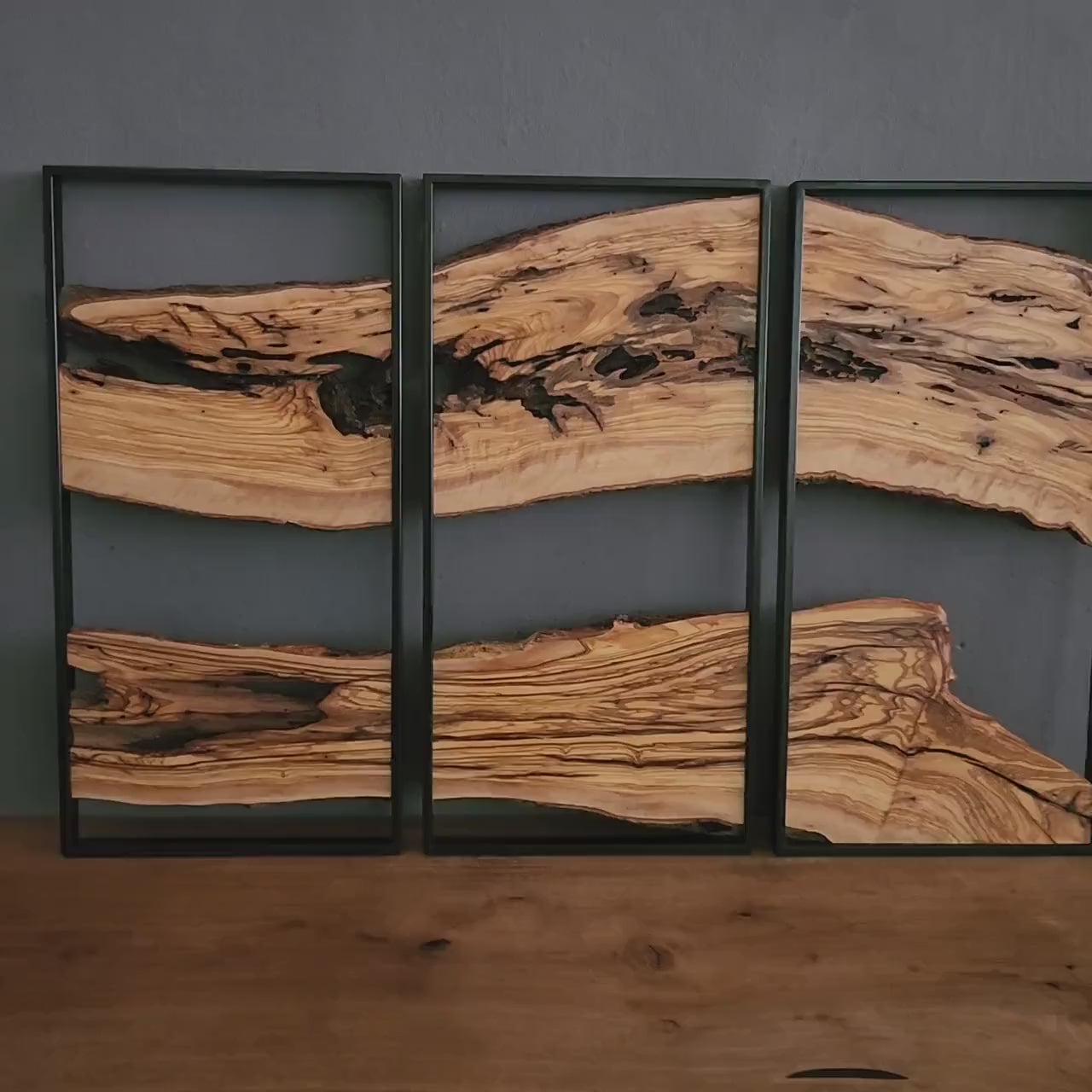 Set of 3 Wooden Wall Art Panels | Modern Rustic Metal and Olive Wood Decor