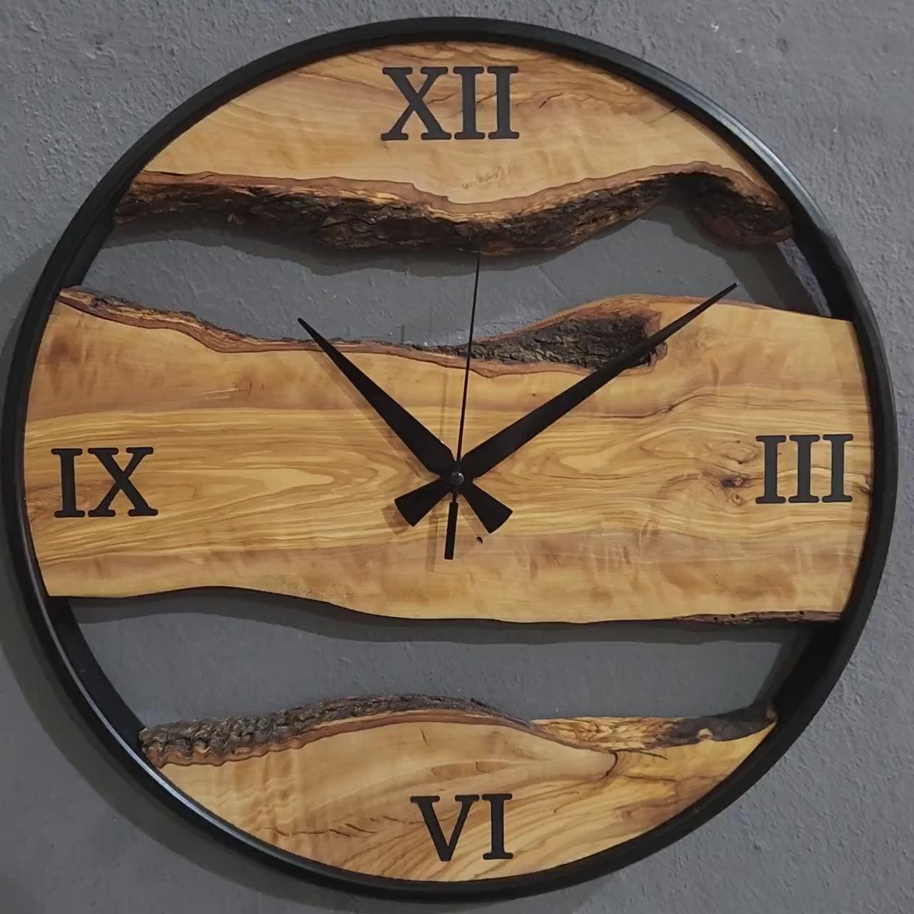 Natural Rhythm | Olive Wood Wall Clock with Metal Ring & Epoxy Roman Numerals