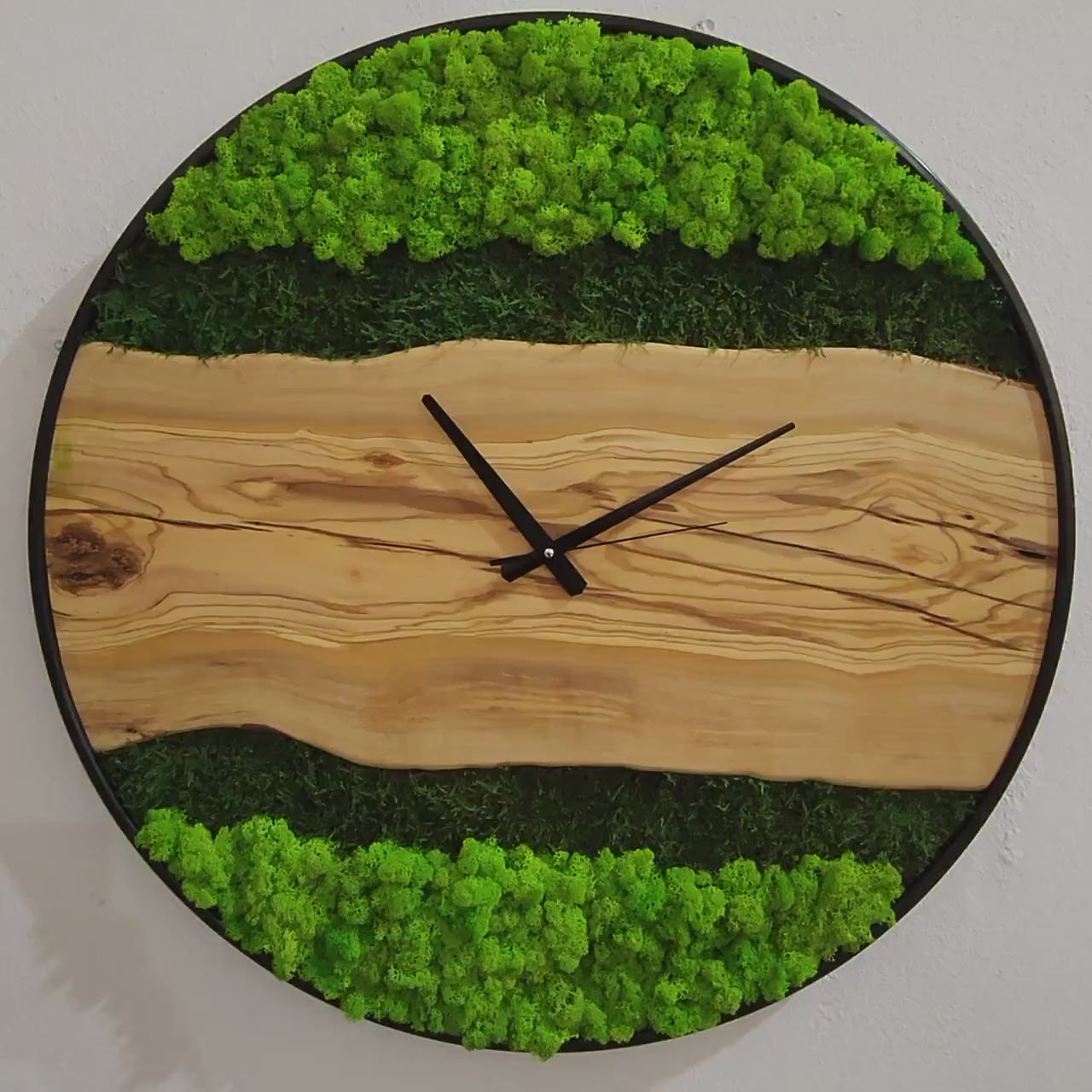 Moss & Olive Wood Wall Clock with Metal Frame