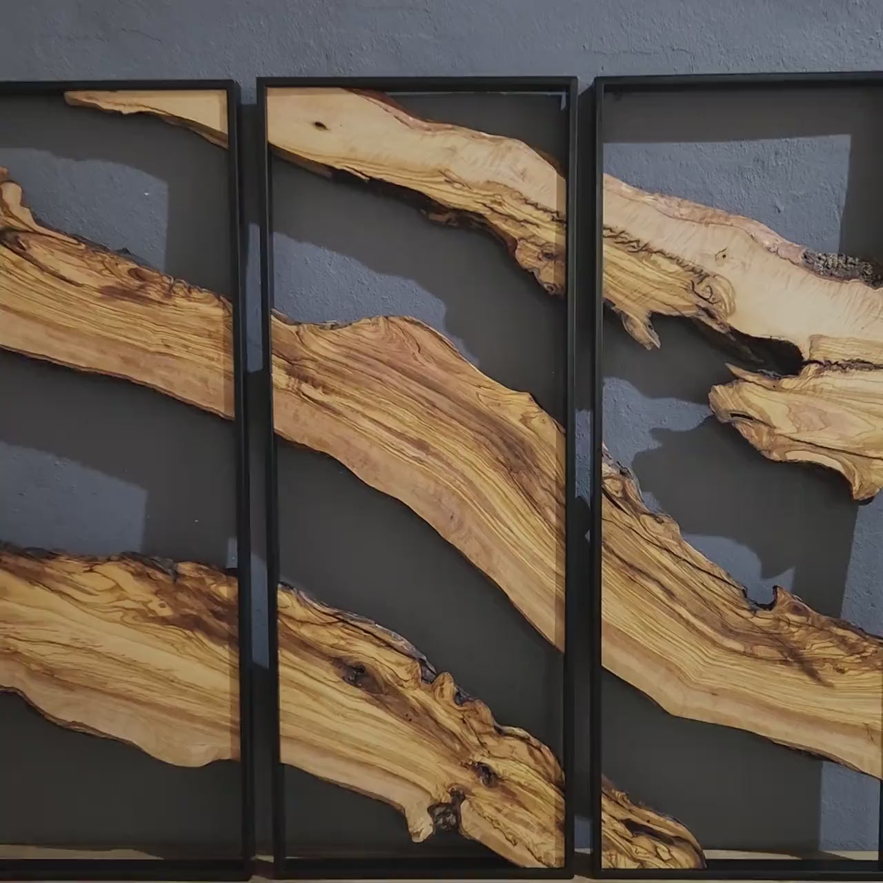 Set of 3 Wooden Wall Art Panels | Modern Rustic Metal and Olive Wood Decor