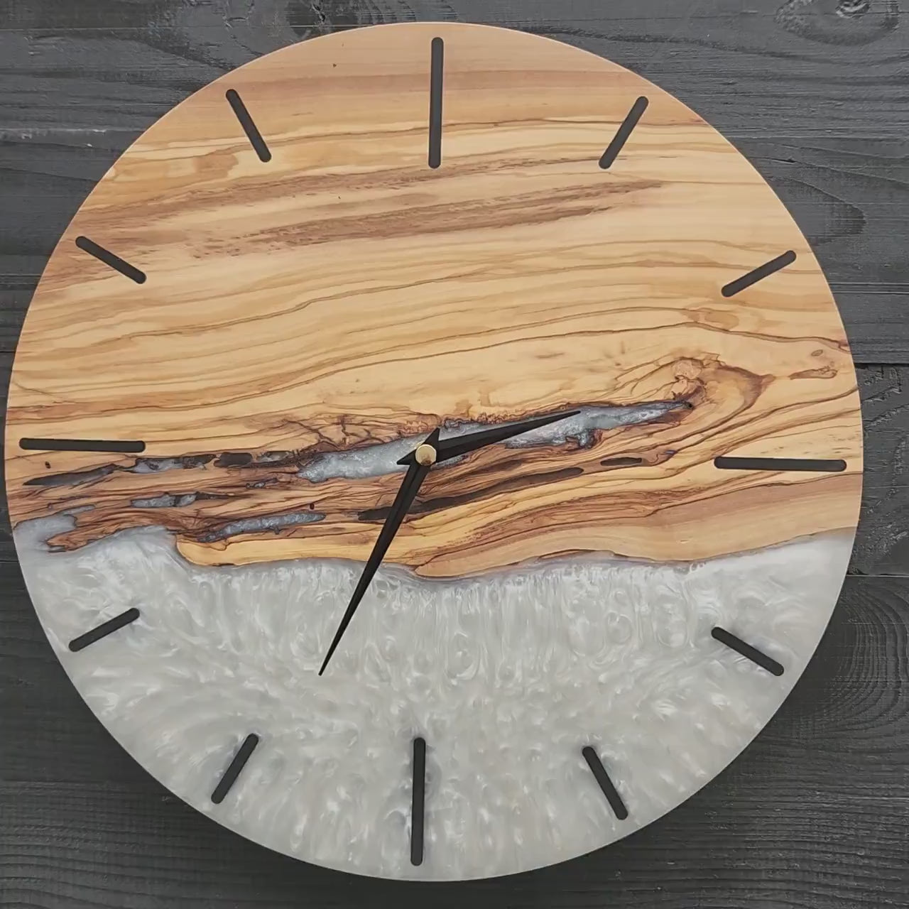 White Resin and Live Edge Olive Wood Wall Clock